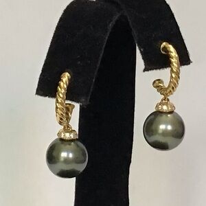 David Yurman 18k Yellow Gold Solari Diamond & Black Pearl Drop Earrings NWT